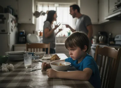 Sad Young Boy Eating Breakfast During Parental Argument