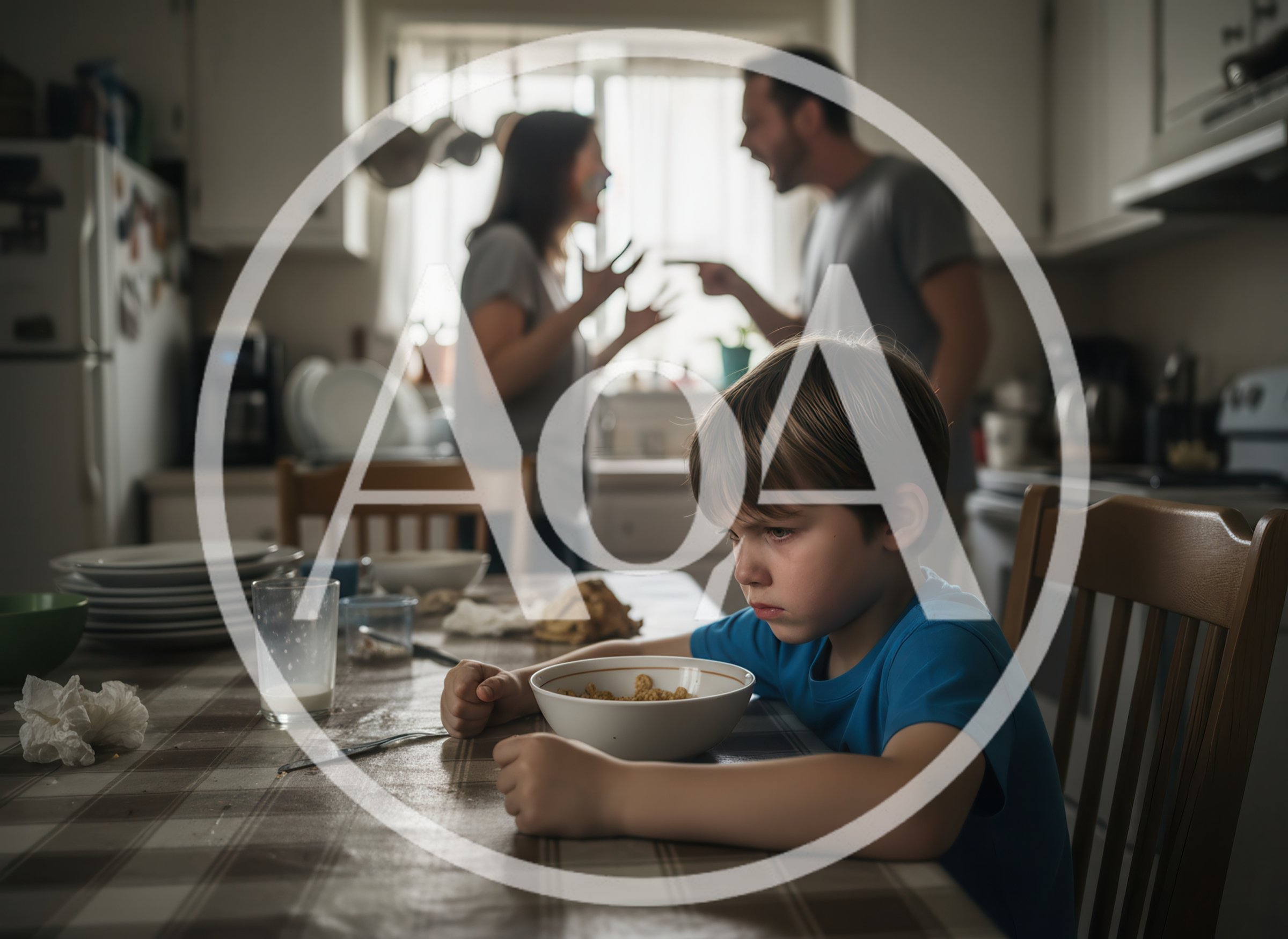 Sad Young Boy Eating Breakfast During Parental Argument