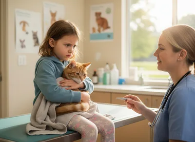 Young Girl Holding Her Cat During Veterinary Examination