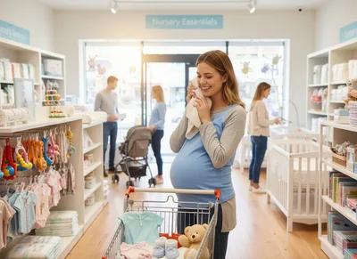 Pregnant Woman Shopping for Baby Clothes in Nursery Store