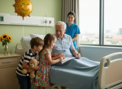Grandchildren Visiting Elderly Man In Hospital Room