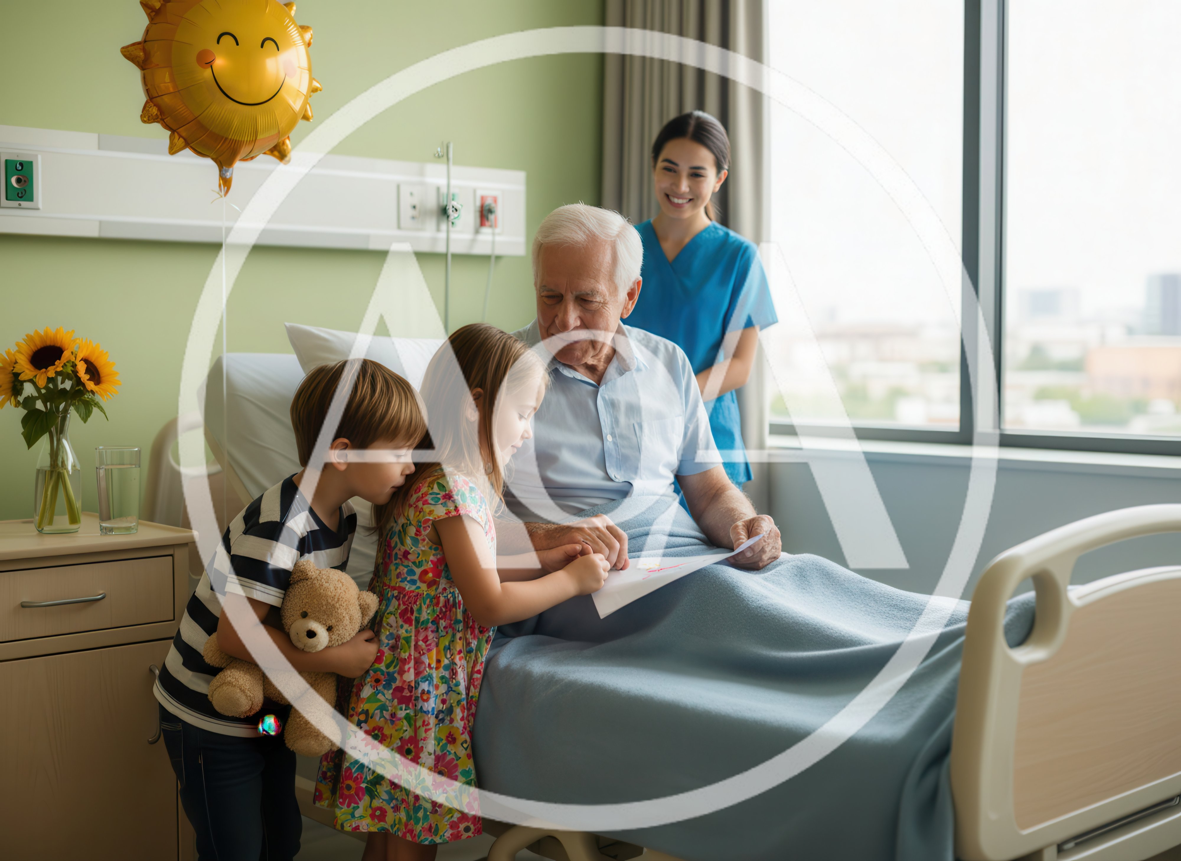 Grandchildren Visiting Elderly Man In Hospital Room