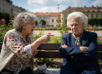 Two Elderly Women Arguing on a Park Bench