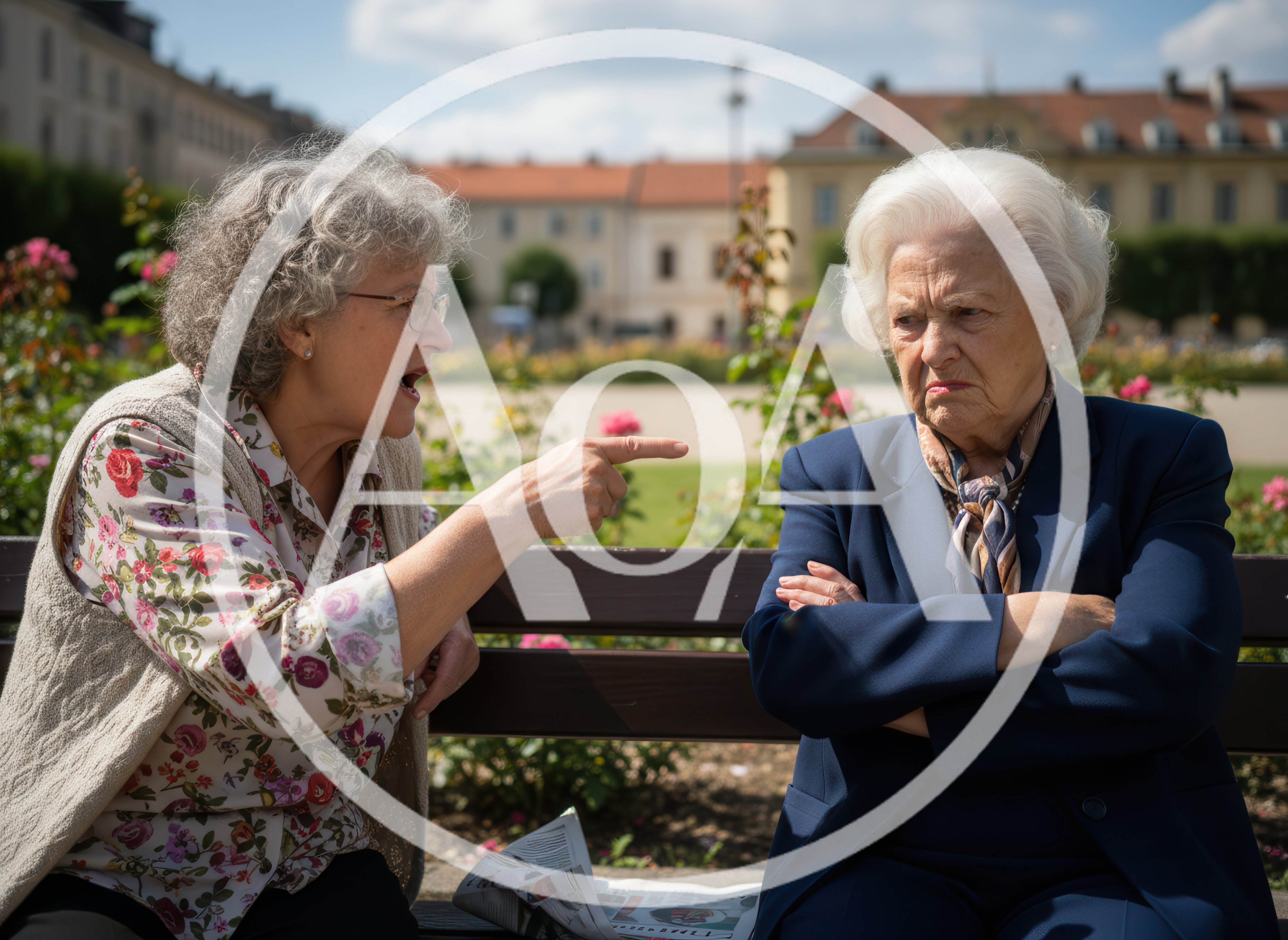 Two Elderly Women Arguing on a Park Bench