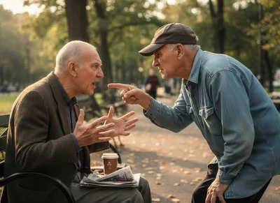 Two Elderly Men Arguing On A Park Bench