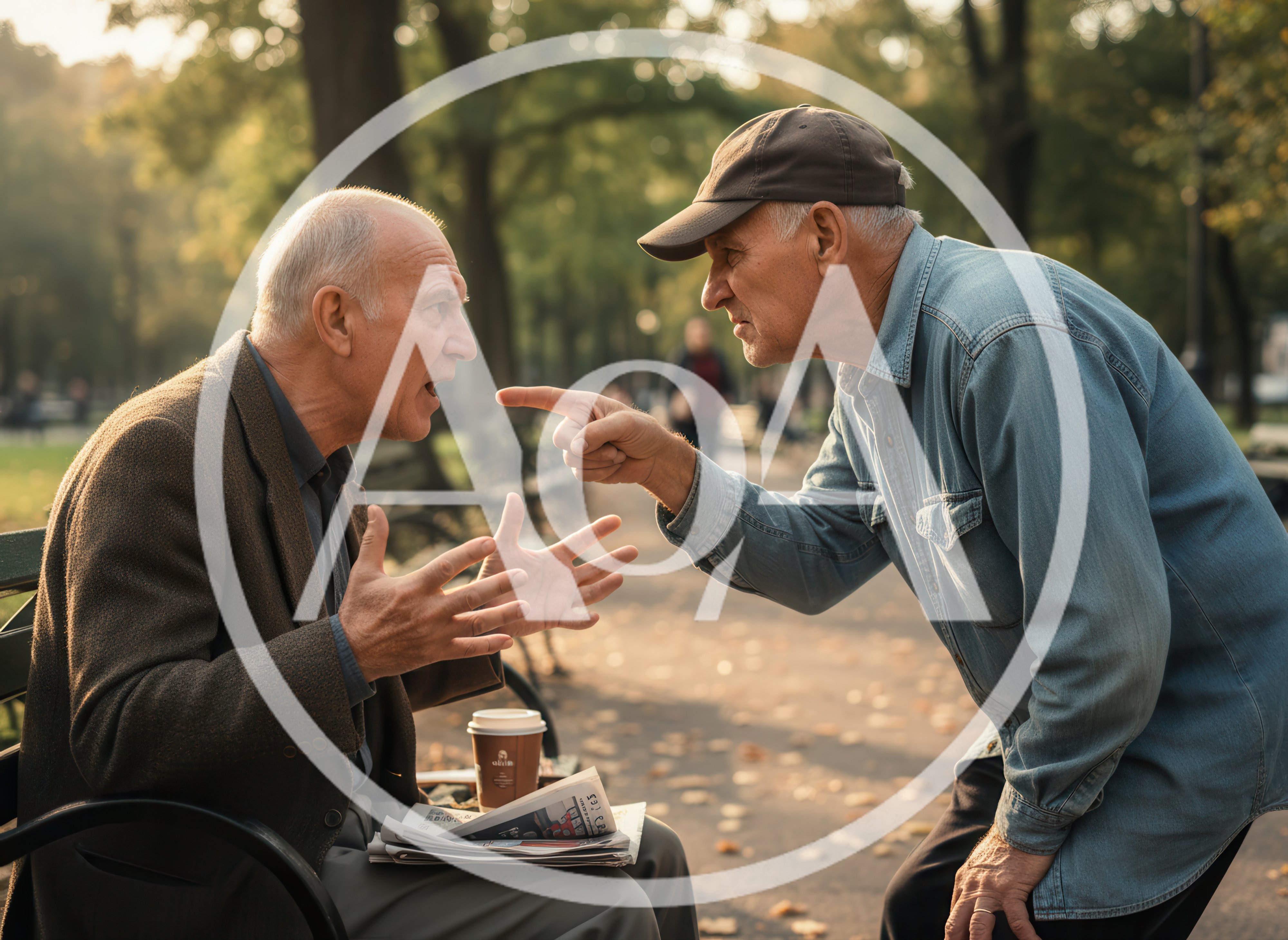 Two Elderly Men Arguing On A Park Bench