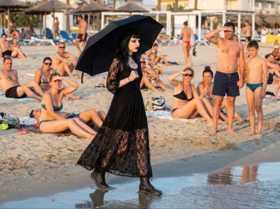 Goth Woman Walking Along A Sunny Beach