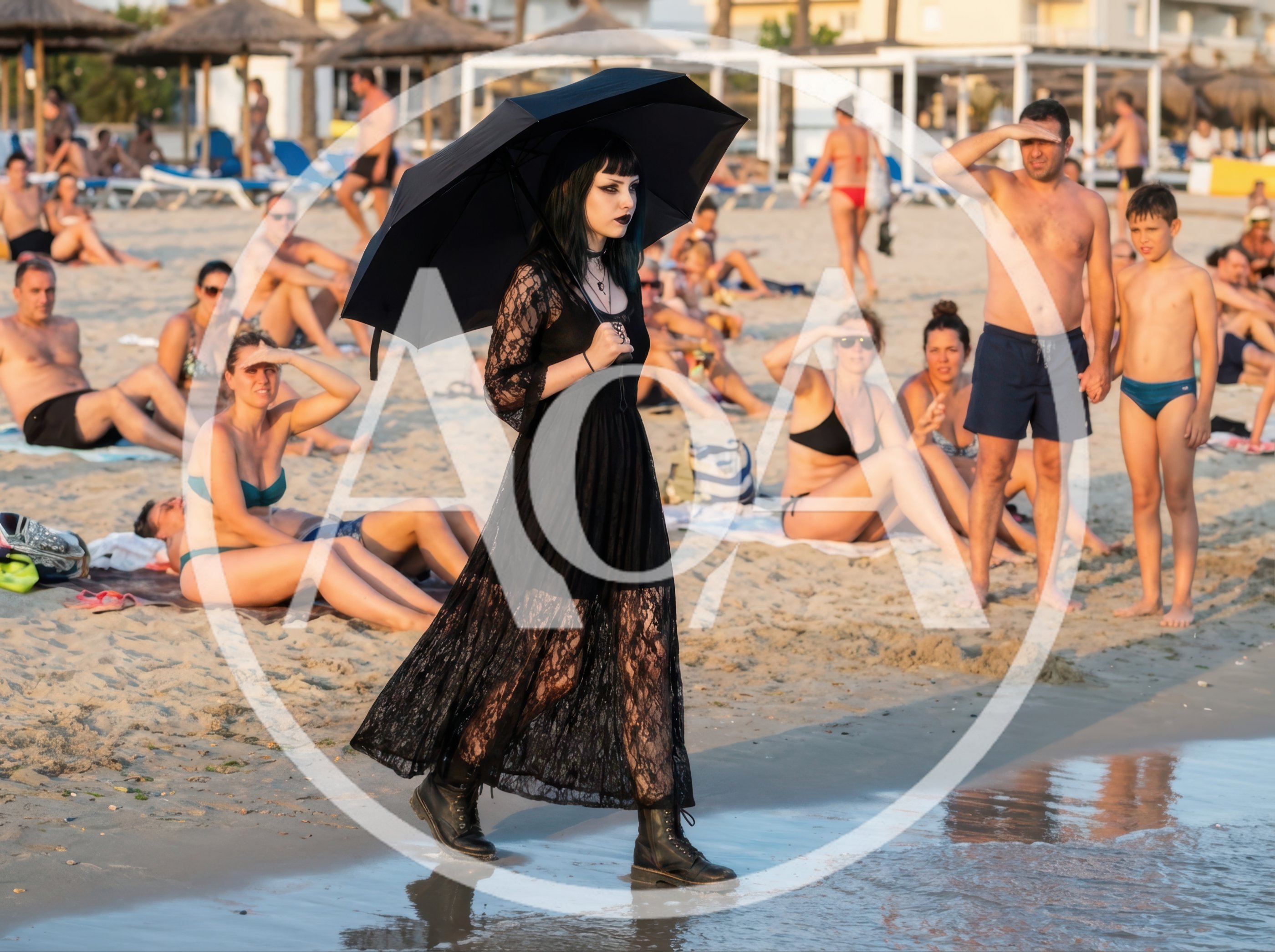 Goth Woman Walking Along A Sunny Beach
