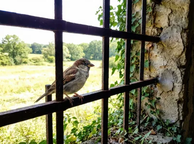House Sparrow Perched on Old Iron Window Grille