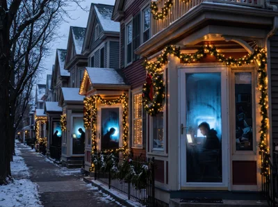 People Working On Laptops In Snowy Decorated Houses