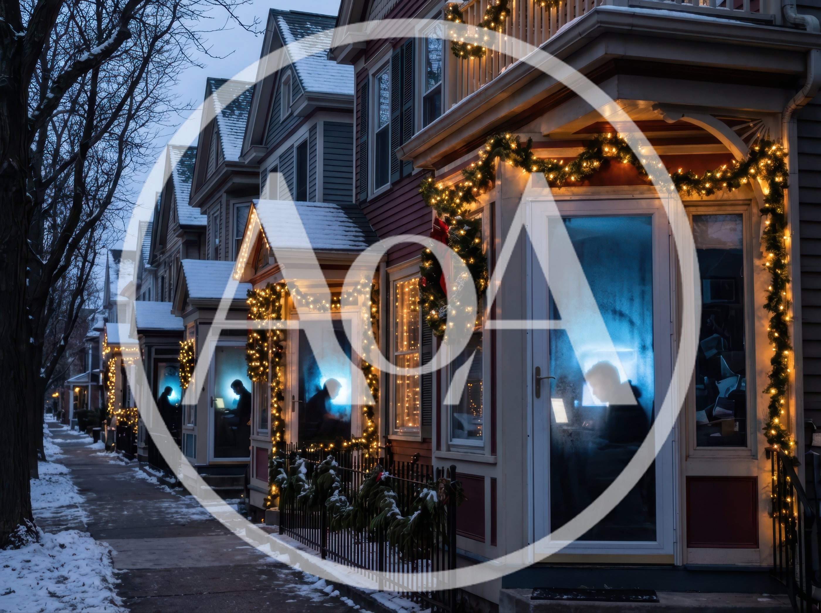 People Working On Laptops In Snowy Decorated Houses
