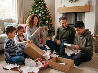Family Opening Christmas Presents Together At Home