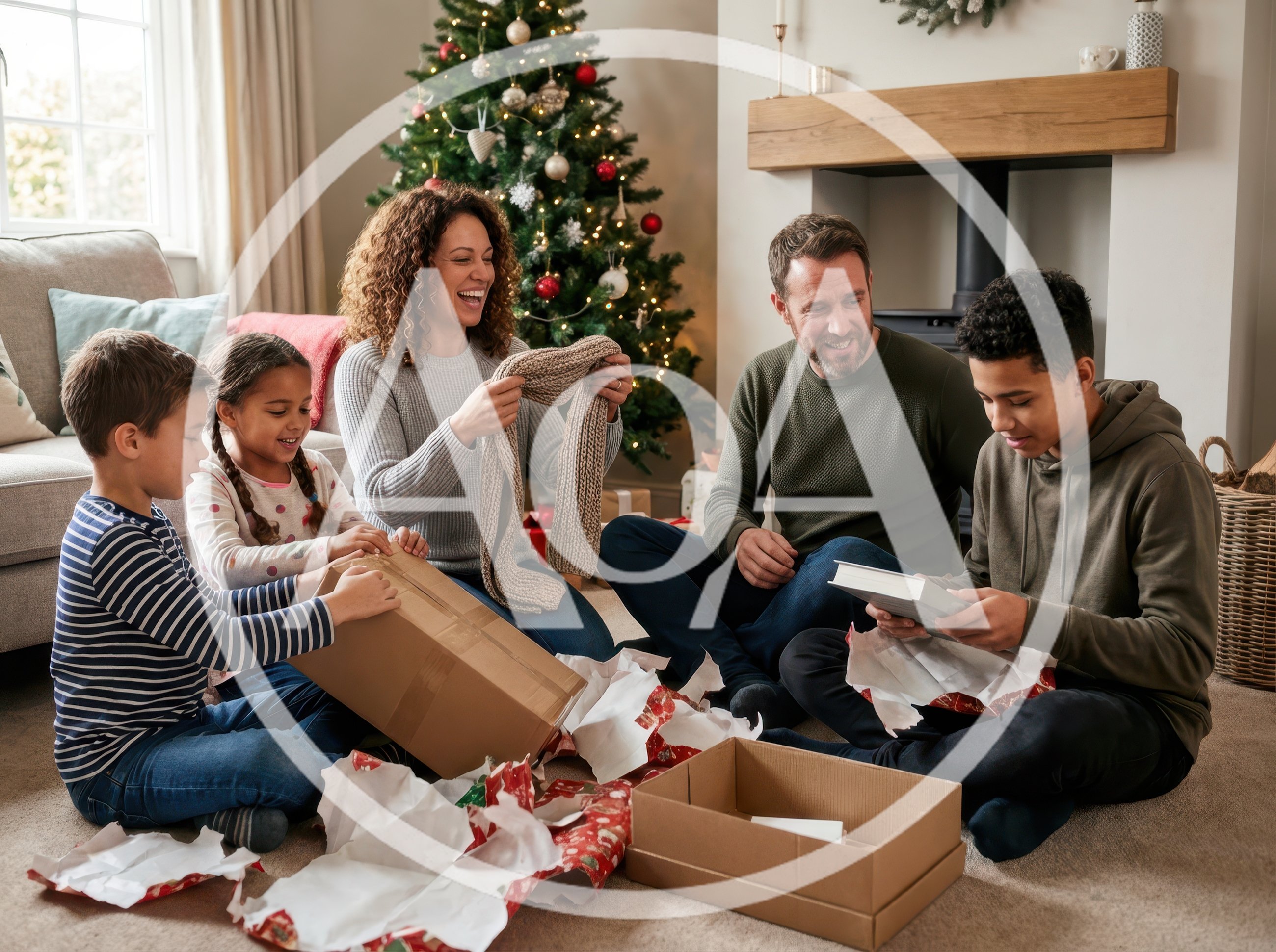 Family Opening Christmas Presents Together At Home
