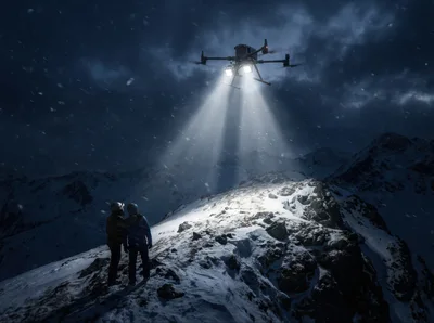Search And Rescue Drone Illuminating Mountain Hikers At Night