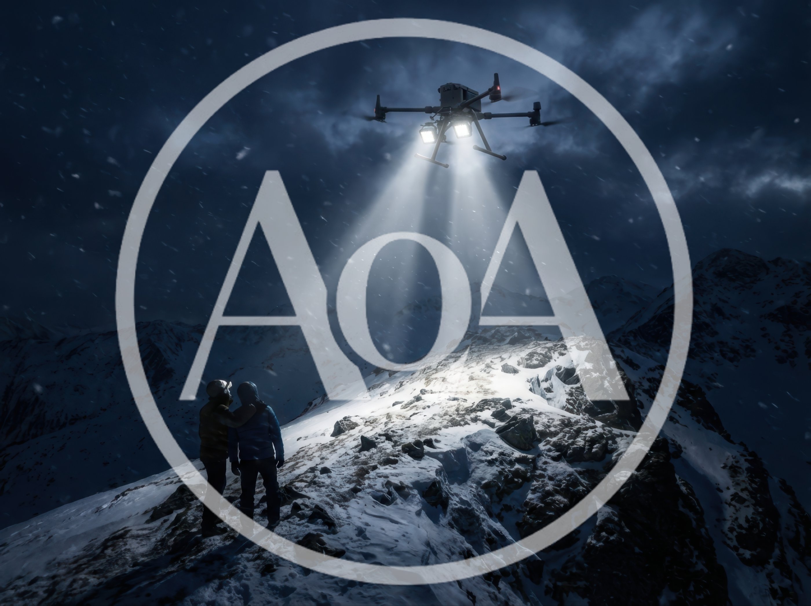 Search And Rescue Drone Illuminating Mountain Hikers At Night