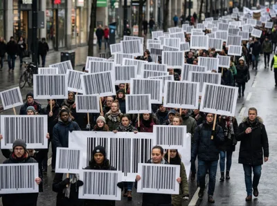 Protesters Marching With Barcode Signs In City Street