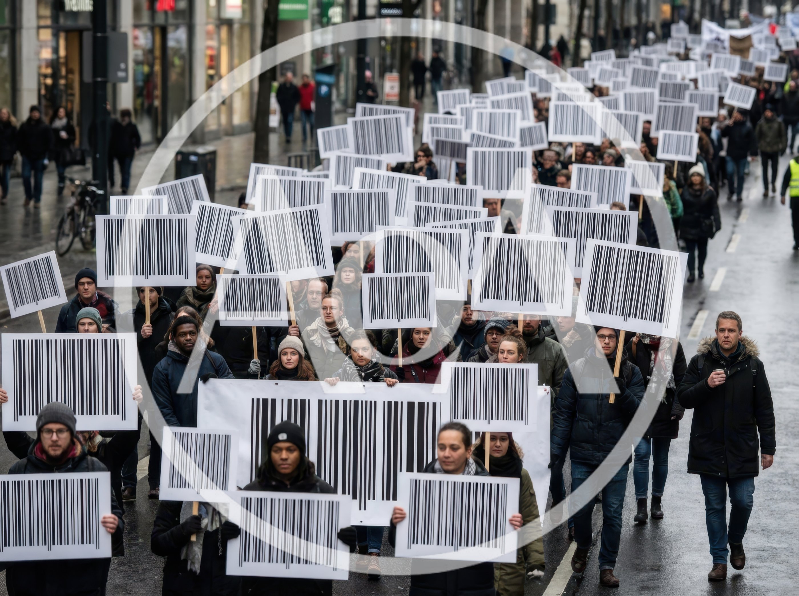 Protesters Marching With Barcode Signs In City Street