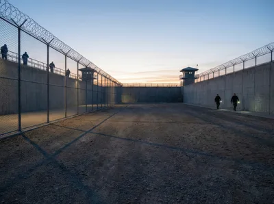 Prison Guards Patrolling High Security Perimeter Fence