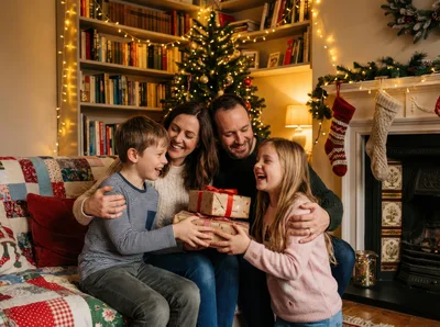 Family Opening Christmas Gifts Together At Home