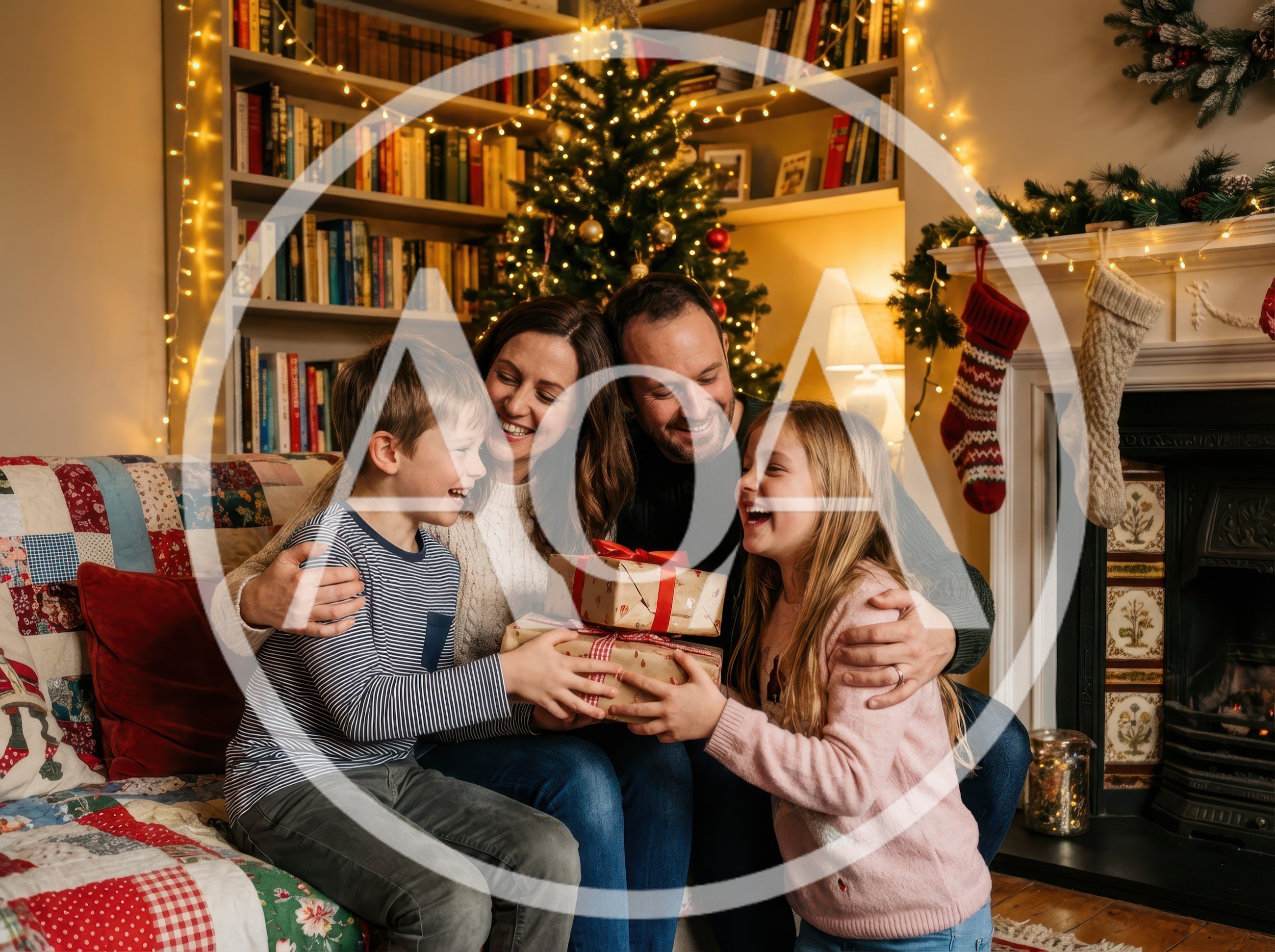 Family Opening Christmas Gifts Together At Home