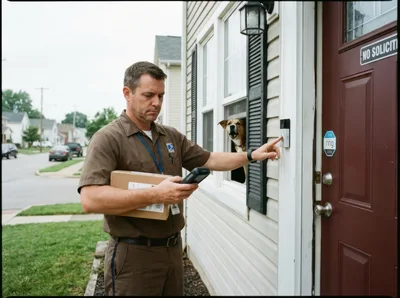 USPS Mail Carrier Ringing Doorbell at Residential Home