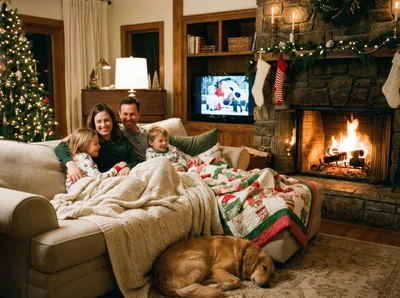 Family Relaxing Together on Sofa by Christmas Fireplace