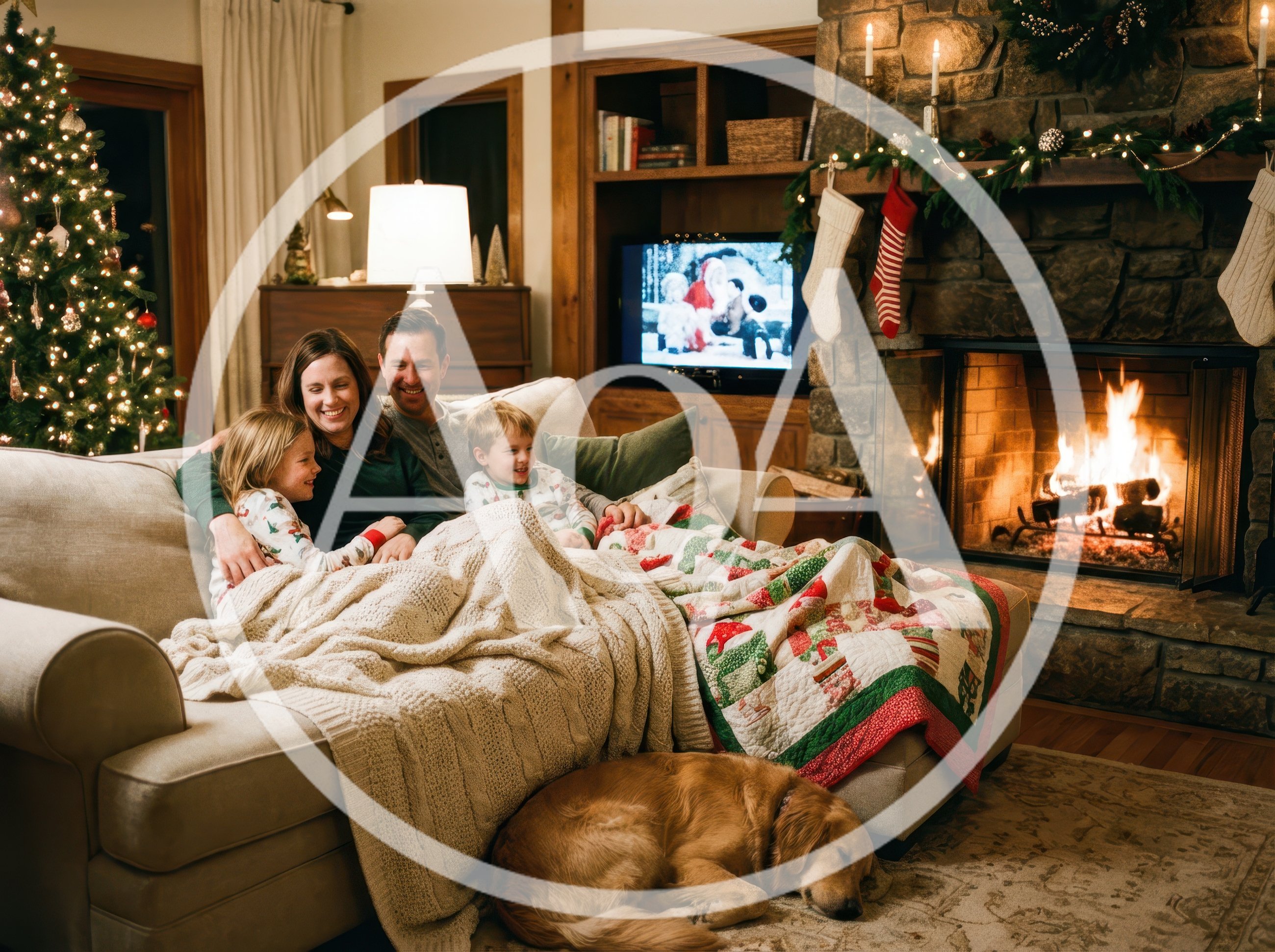 Family Relaxing Together on Sofa by Christmas Fireplace