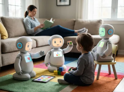 Child Playing With Educational Robots In Living Room