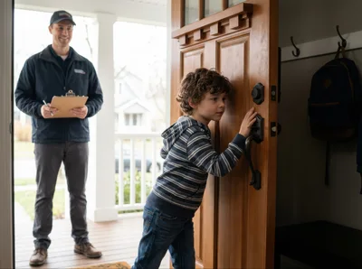 Young Boy Opening Front Door To Delivery Person