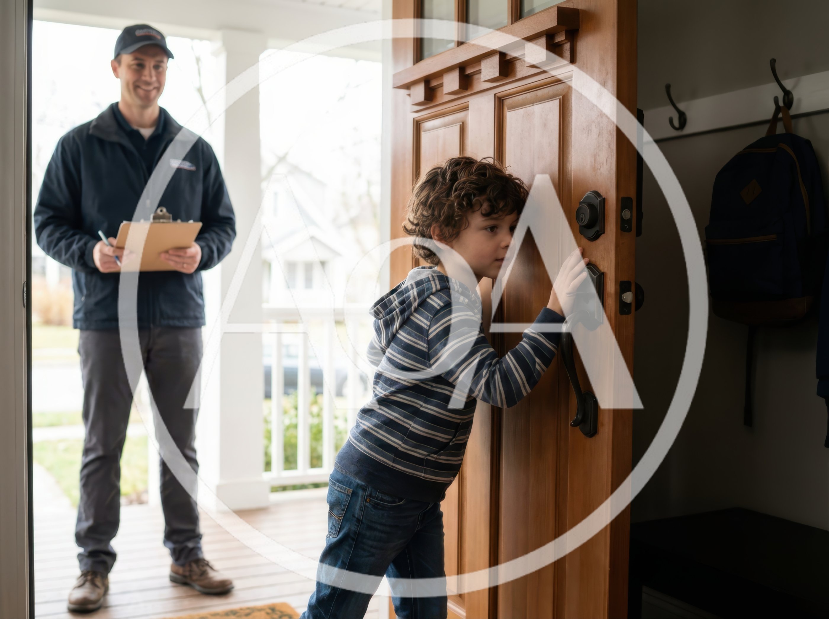 Young Boy Opening Front Door To Delivery Person