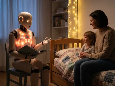 Humanoid Robot Reading Bedtime Story To Child And Mother