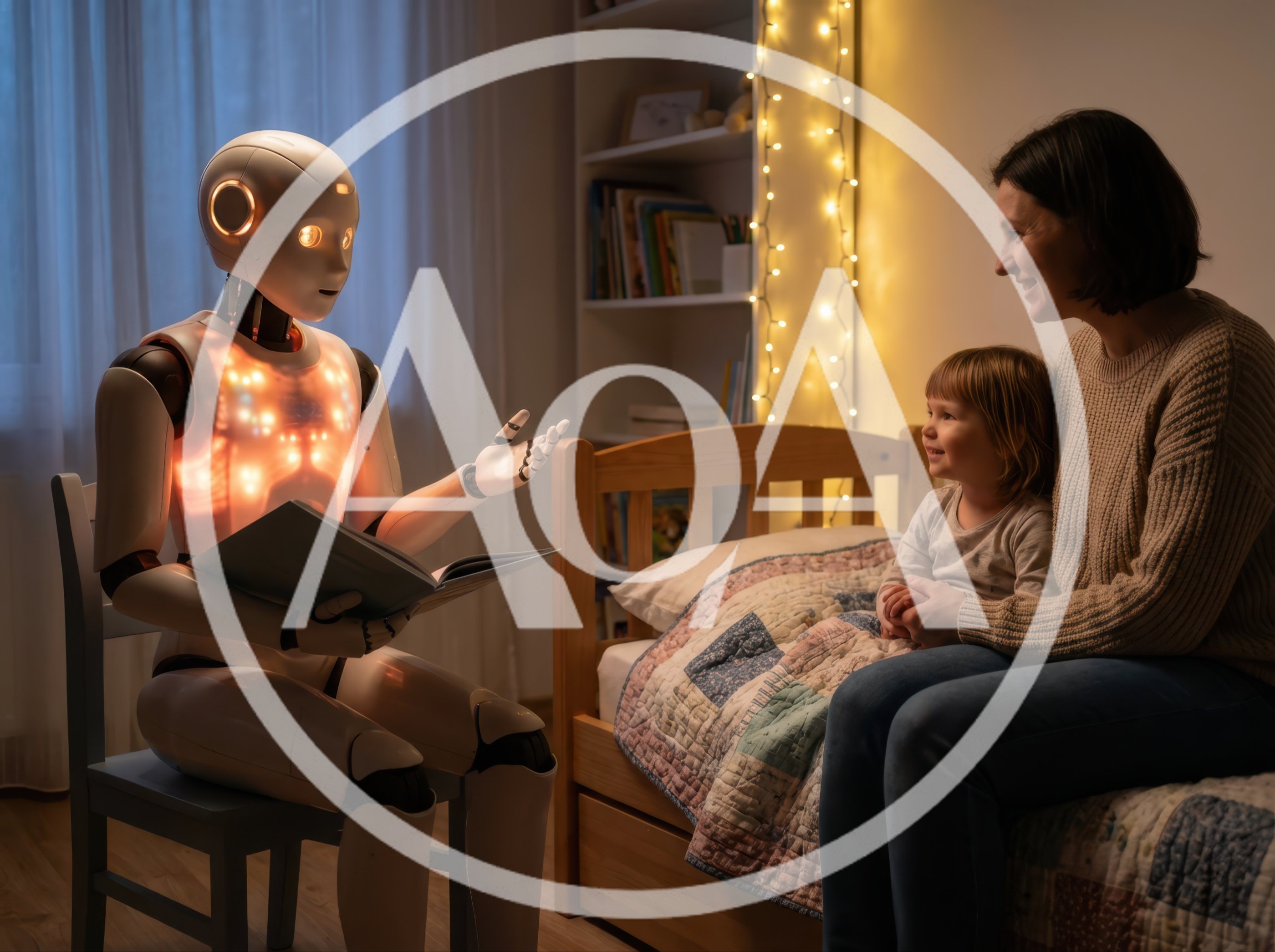 Humanoid Robot Reading Bedtime Story To Child And Mother