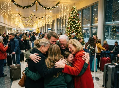 Emotional Family Reunion at Airport During Christmas Holidays