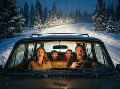 Family Singing Together While Driving Through Snowy Forest