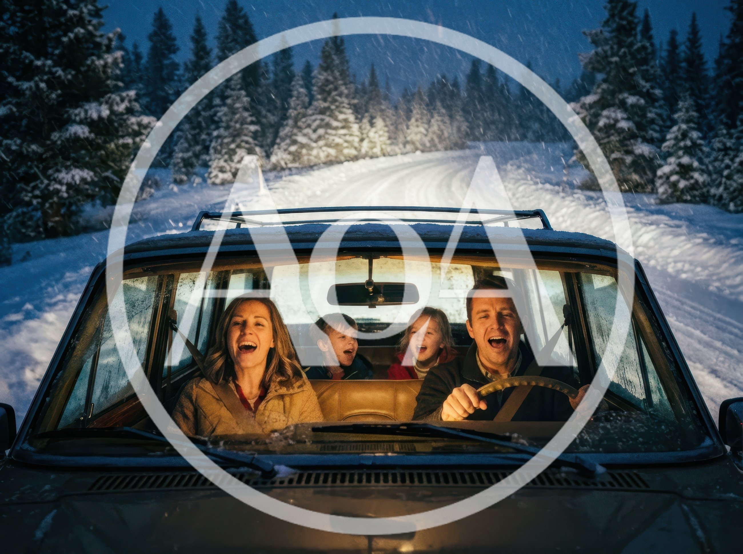Family Singing Together While Driving Through Snowy Forest