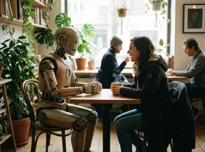 Human Woman Having Coffee With A Robot In A Cafe