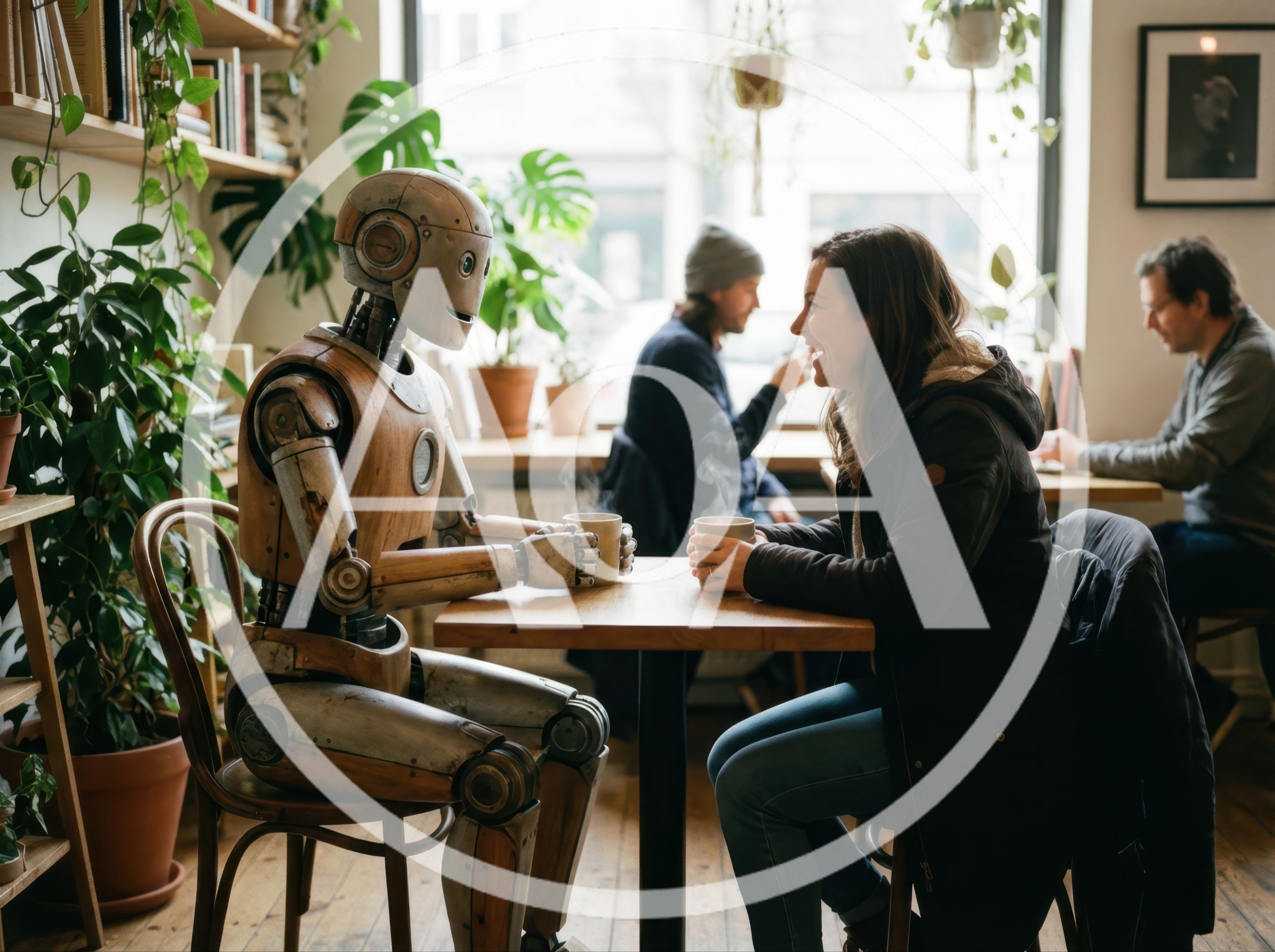 Human Woman Having Coffee With A Robot In A Cafe