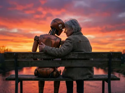 Elderly Woman Embracing A Robot On A Park Bench