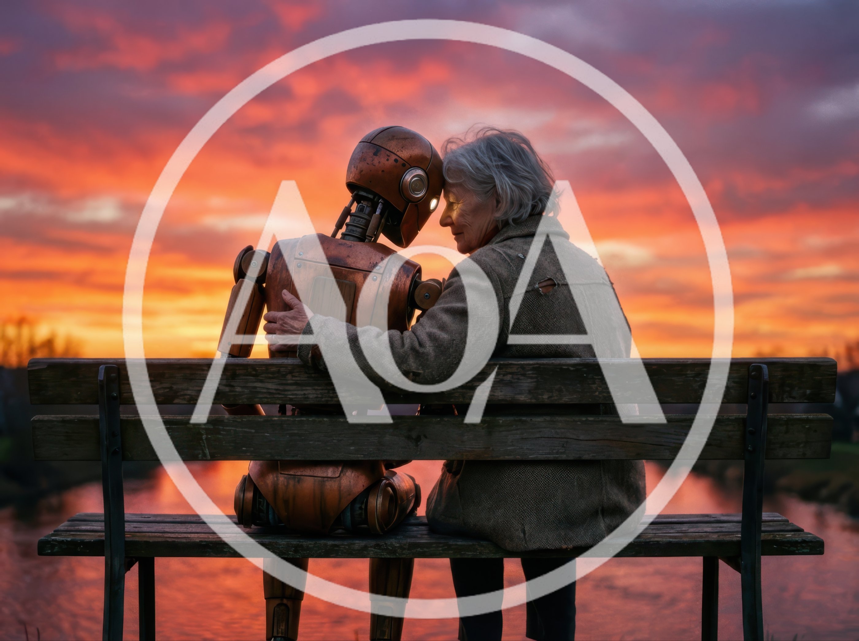 Elderly Woman Embracing A Robot On A Park Bench