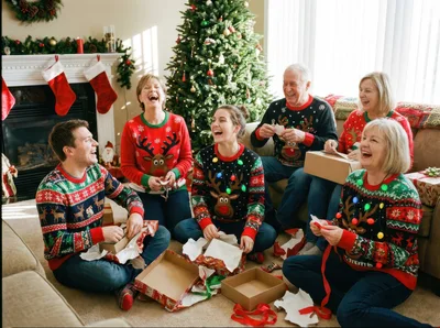 Family Opening Christmas Gifts In Ugly Sweaters
