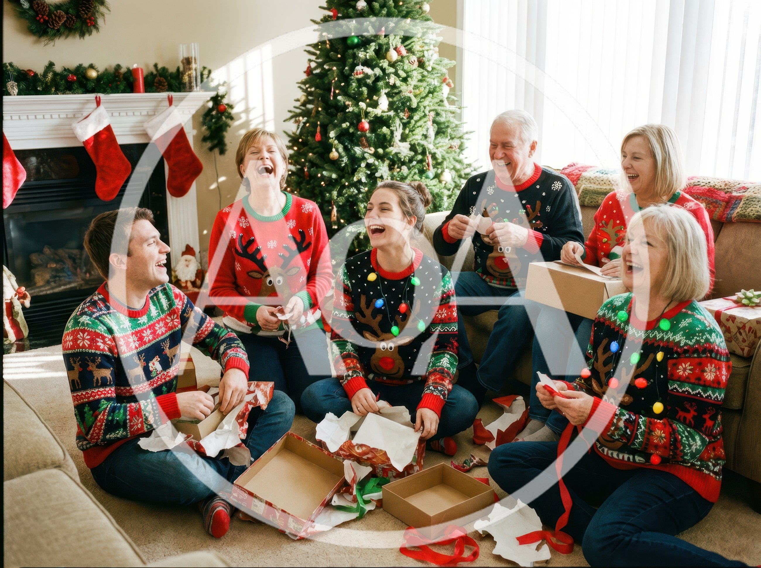 Family Opening Christmas Gifts In Ugly Sweaters