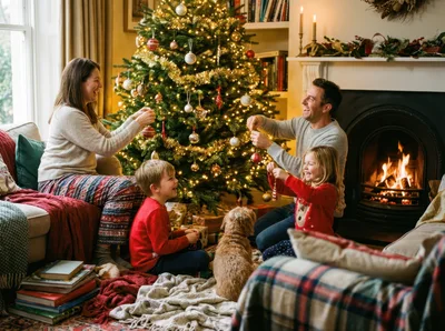 Family Decorating Christmas Tree Together In Cozy Living Room