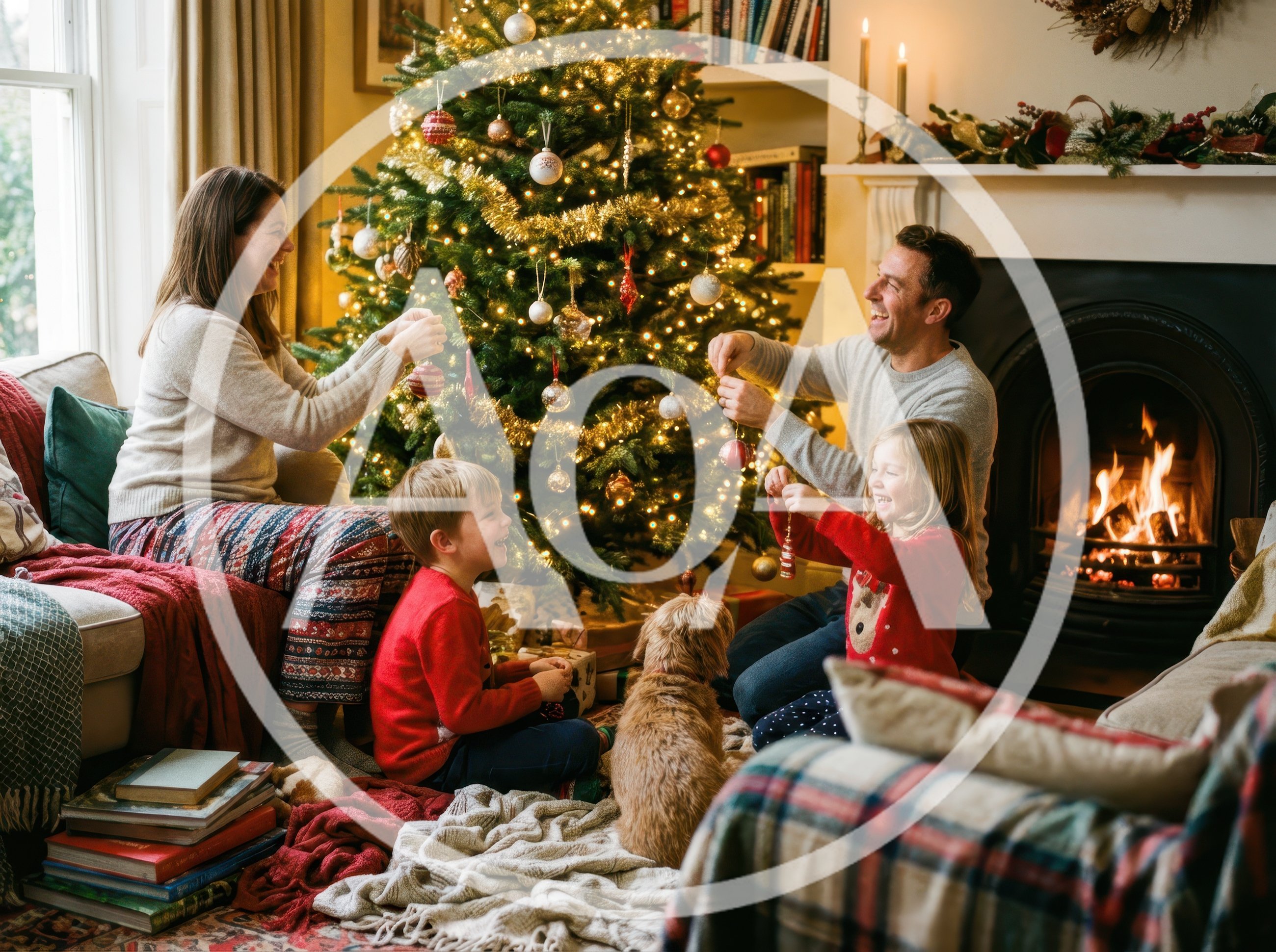 Family Decorating Christmas Tree Together In Cozy Living Room