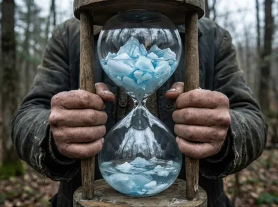 Person Holding Hourglass With Melting Ice In Forest