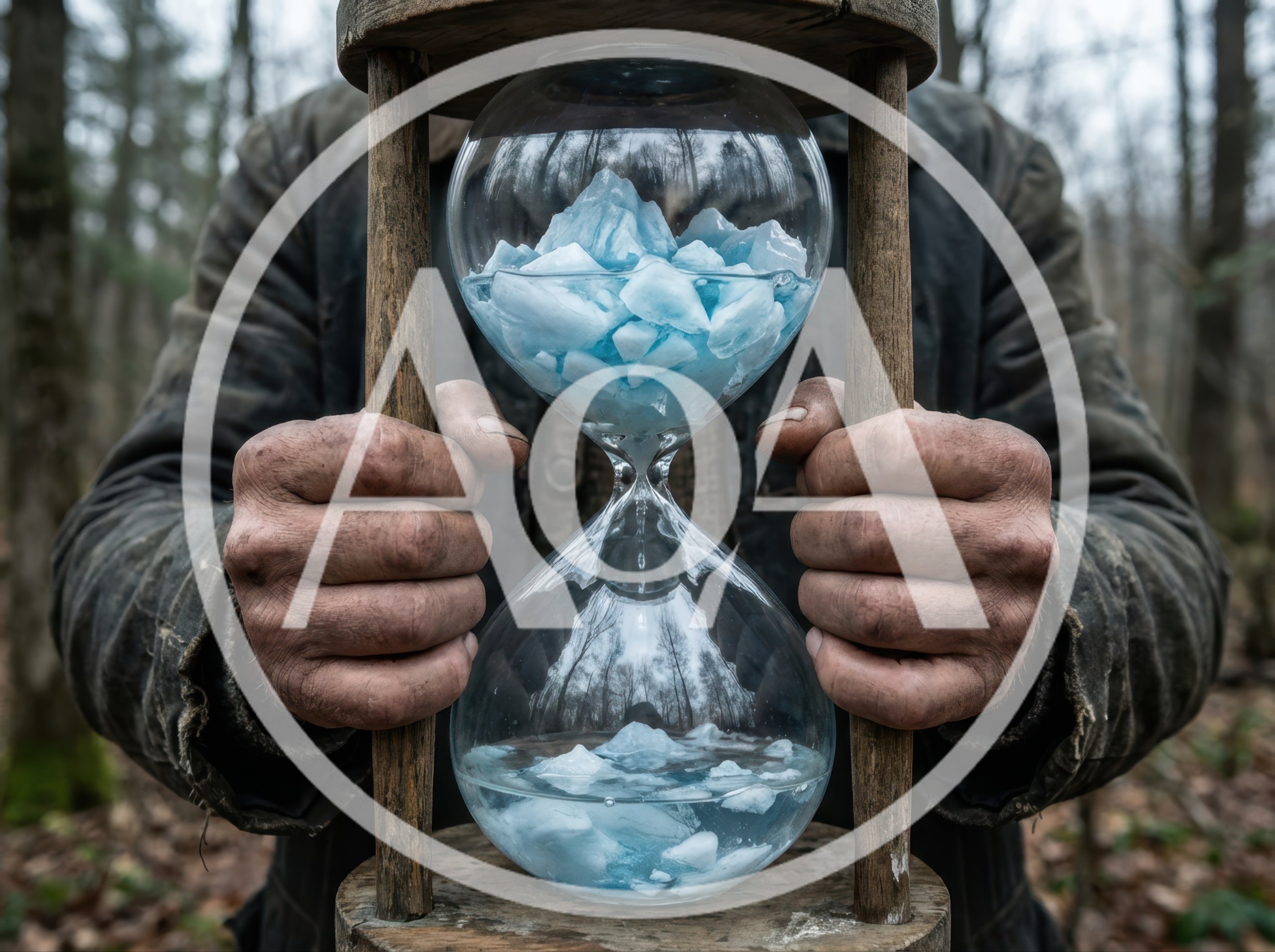 Person Holding Hourglass With Melting Ice In Forest
