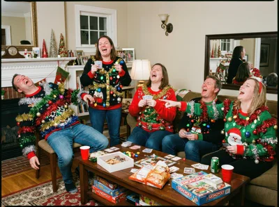 Friends Laughing While Playing Board Games In Ugly Christmas Sweaters