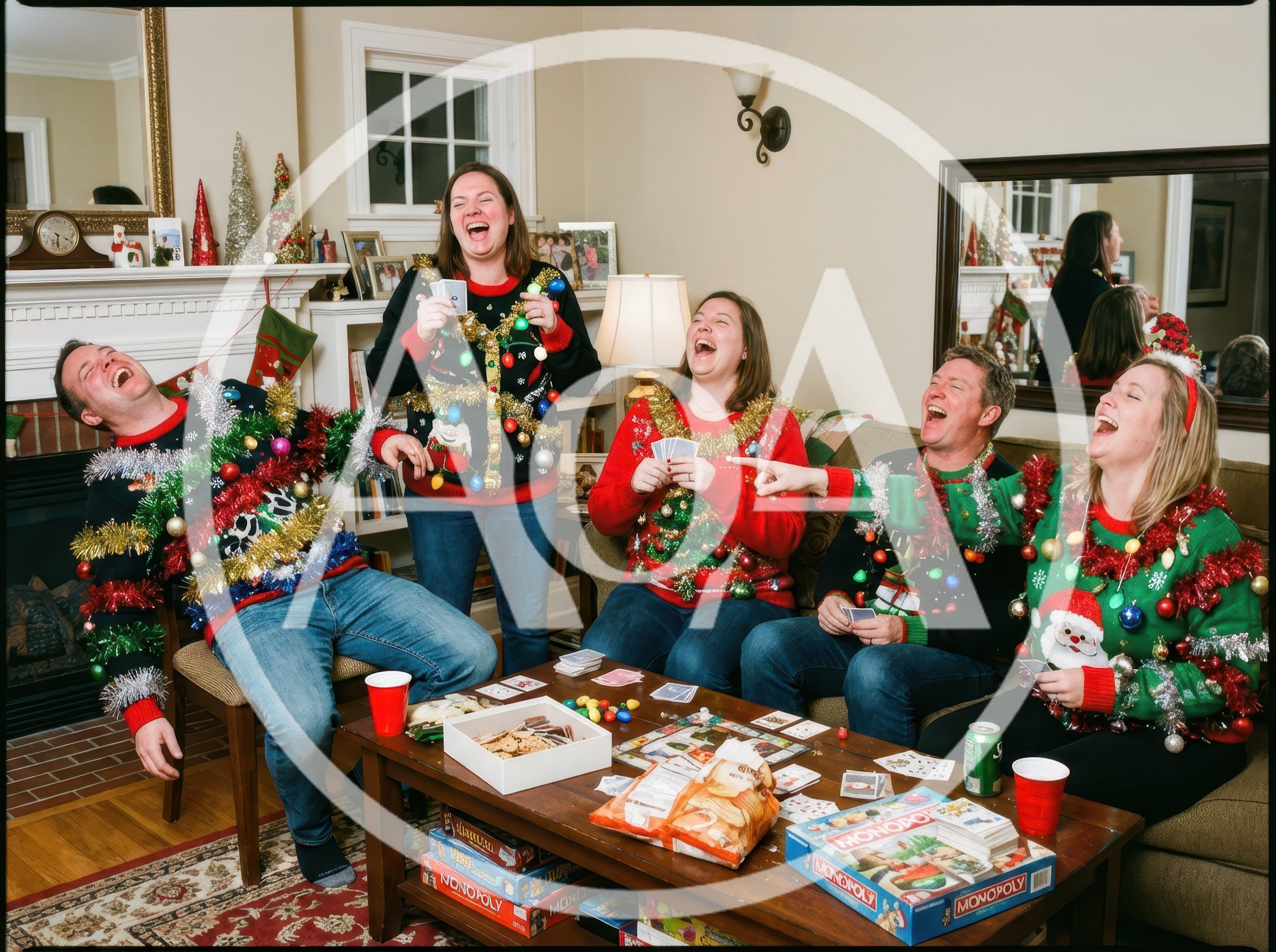 Friends Laughing While Playing Board Games In Ugly Christmas Sweaters