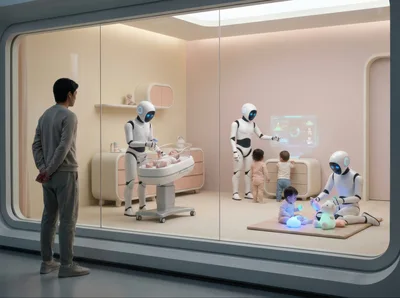 Futuristic Nursery With Humanoid Robots Caring For Infants