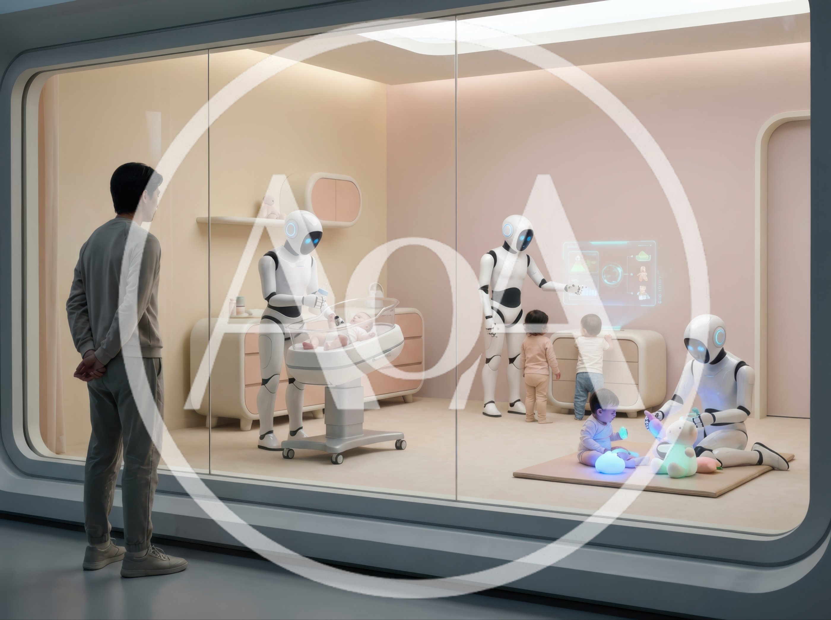 Futuristic Nursery With Humanoid Robots Caring For Infants