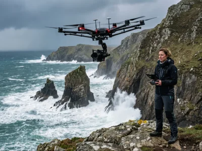 Female Drone Pilot Operating Professional UAV Over Coastal Cliffs